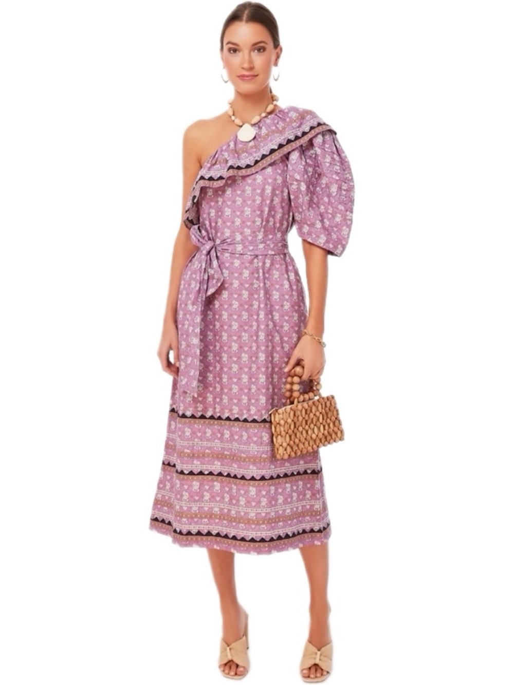 Tuckernut Sea New York Perry Border One Shoulder Ruffle Boho Dress Floral Lilac